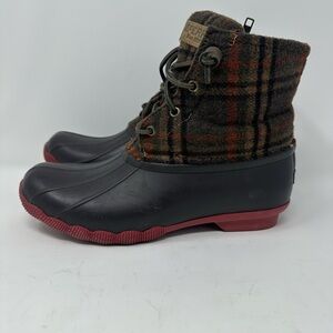 Sperry Top Sider Duck Boots Women 7 Saltwater Ankle Plaid Flannel Top Brown Zip
